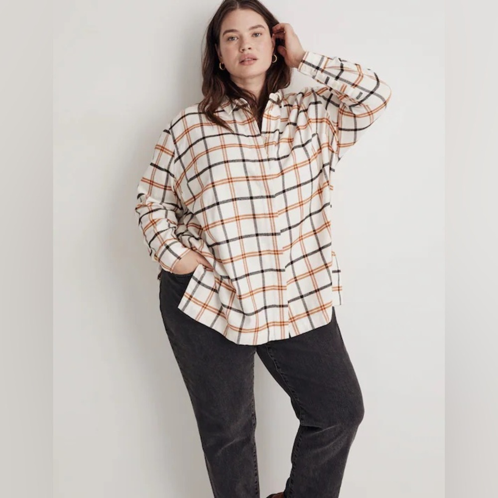 NWT Madewell Plus Flannel Oversized Boyfriend Shirt  2X Orange Cream Black Plaid